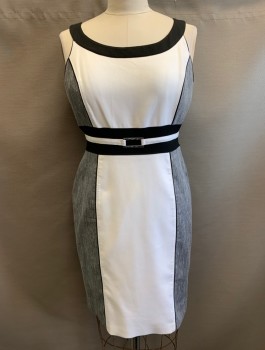 Womens, Dress, Sleeveless, WHT HOUSE BLK MKT, White, Heather Gray, Black, Rayon, Polyester, Color Blocking, B:40, Sz.14, H:42, White at Center, Gray Sides, Black Waistband and Neckline, Scoop Neck, White Trim at Waistline with Silver Attached Buckle, Princess Seams,, Knee Length