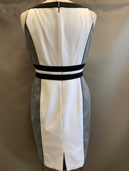 Womens, Dress, Sleeveless, WHT HOUSE BLK MKT, White, Heather Gray, Black, Rayon, Polyester, Color Blocking, B:40, Sz.14, H:42, White at Center, Gray Sides, Black Waistband and Neckline, Scoop Neck, White Trim at Waistline with Silver Attached Buckle, Princess Seams,, Knee Length