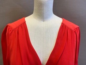 PARKER, Red, Silk, Polyester, Solid, Long Sleeves, Surplice Neckline That Blouses at Hip, Quilted Shoulders and Wrists, Buttons at Cuffs, Has Tiny Snap Center Front,