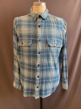 WOOLRICH, Teal Blue, Beige, Aqua Blue, Cotton, Plaid, Collar Attached, Button Front, Long Sleeves