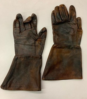 Unisex, Sci-Fi/Fantasy Gloves, MTO, Dk Brown, Brown, Leather, Faded, L, Aged, Gauntlet Gloves, Black Stitching