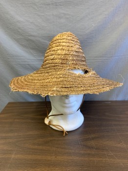 Mens, Historical Fiction Hat , N/L, Tan Brown, Straw, 6 1/2, 1800s Aged/Distressed, Holes, Leather Chin Strap with Shell