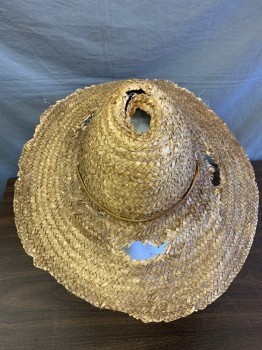 Mens, Historical Fiction Hat , N/L, Tan Brown, Straw, 6 1/2, 1800s Aged/Distressed, Holes, Leather Chin Strap with Shell
