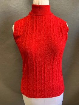 N/L, Red, Polyester, Solid, Shell, Vertically Textured Knit, Turtleneck, Sleeveless, Pullover, Zipper at Center Back Neck,