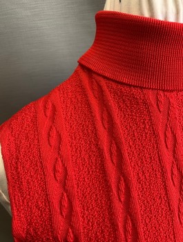 N/L, Red, Polyester, Solid, Shell, Vertically Textured Knit, Turtleneck, Sleeveless, Pullover, Zipper at Center Back Neck,