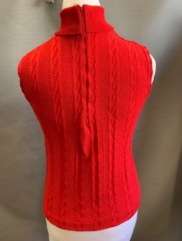 Womens, Top, N/L, Red, Polyester, Solid, B:38, Shell, Vertically Textured Knit, Turtleneck, Sleeveless, Pullover, Zipper at Center Back Neck,