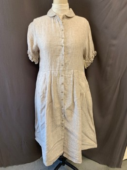 Womens, Dress, Short Sleeve, PINK I & PINK JIN, Lt Brown, White, Cotton, Stripes - Vertical , M, Peter Pan Collar Attached, Button Front, Short Sleeves, 2 Pockets, Pleated Skirt, Hem Above Ankle