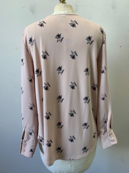ANN TAYLOR, Blush Pink, Black, Polyester, Spandex, Floral, Tulip Pattern, V-neck, Pullover, Long Sleeves *Pen Stain on Bust