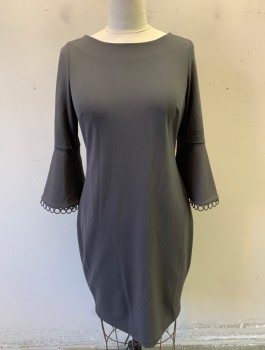 Womens, Dress, Long & 3/4 Sleeve, CALVIN KLEIN, Gray, Polyester, Spandex, Solid, Sz.12, Stretch Crepe, 3/4 Sleeves with Flared Ends, Circular Lace Edging, Round Neck,  Darts at Bust, Knee Length, Invisible Zipper in Back