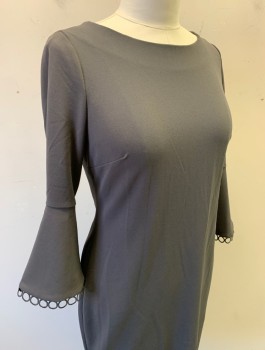 CALVIN KLEIN, Gray, Polyester, Spandex, Solid, Stretch Crepe, 3/4 Sleeves with Flared Ends, Circular Lace Edging, Round Neck,  Darts at Bust, Knee Length, Invisible Zipper in Back