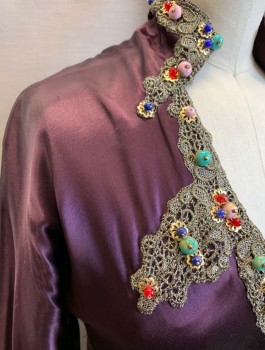 Womens, Historical Fiction Dress, N/L MTO, Dk Purple, Gold, Multi-color, Silk, Beaded, W:24, B:32, Satin, L/S, Gold Lace at Wrists and Neckline, Stand Collar with Deep V, Assorted Beads, Metal Beaded Clasp Attached at Waist, Lace Up in Back, Floor Length, Ottoman Inspired, Made To Order