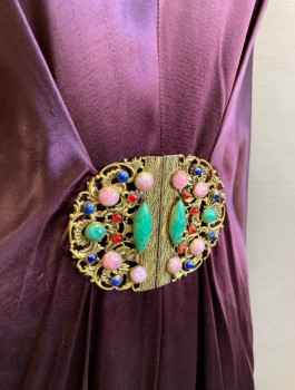 N/L MTO, Dk Purple, Gold, Multi-color, Silk, Beaded, Satin, L/S, Gold Lace at Wrists and Neckline, Stand Collar with Deep V, Assorted Beads, Metal Beaded Clasp Attached at Waist, Lace Up in Back, Floor Length, Ottoman Inspired, Made To Order