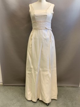 ARTHUR'S, Bone White, Silk, Solid, Sleeveless, Square Neck, 4" Waistband with Cotton Voile Floral Embroidery Overlay and Criss Crossed Ribbon, Skirt Pleated at Sides, Self Off Center Bow Tie at Waist, Floor Length Hem, Wedding