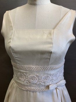 ARTHUR'S, Bone White, Silk, Solid, Sleeveless, Square Neck, 4" Waistband with Cotton Voile Floral Embroidery Overlay and Criss Crossed Ribbon, Skirt Pleated at Sides, Self Off Center Bow Tie at Waist, Floor Length Hem, Wedding