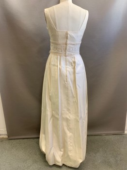 Womens, Evening Gown, ARTHUR'S, Bone White, Silk, Solid, W 25, B 32, Sleeveless, Square Neck, 4" Waistband with Cotton Voile Floral Embroidery Overlay and Criss Crossed Ribbon, Skirt Pleated at Sides, Self Off Center Bow Tie at Waist, Floor Length Hem, Wedding