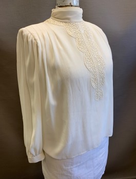 NILANI, Off White, Polyester, Solid, Crinkled Texture Chiffon, Puffy Long Sleeves, Stand Collar, Pleats at Front Shoulders, Lace Panel with at Chest, Padded Shoulders, 3 Buttons at Back Neck,