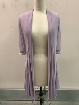 R+M RICHARDS, Lavender Purple, Polyester, Spandex, Solid, JACKET, Shawl Lapel, Open Front, Netted Sheer Panels On Sides And Sheer Sleeves with White And Silver Beaded Cuffs