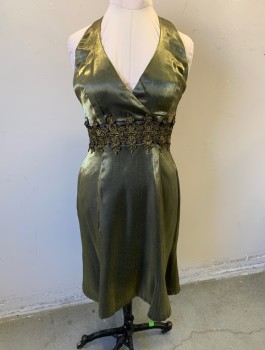 Womens, Cocktail Dress, DAVE & JOHNNY, Gold, Black, Polyester, Solid, W:30, B:36, Lamé, Halter Neck, Sheer Black Panel at Waist with Gold Metallic Lace Appliques, Surplice V-neck, Knee Length, Late 1990's/2000's