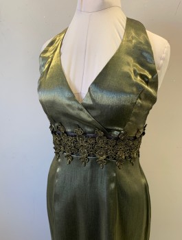 Womens, Cocktail Dress, DAVE & JOHNNY, Gold, Black, Polyester, Solid, W:30, B:36, Lamé, Halter Neck, Sheer Black Panel at Waist with Gold Metallic Lace Appliques, Surplice V-neck, Knee Length, Late 1990's/2000's