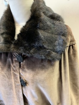 Womens, Cape 1890s-1910s, N/L, Brown, Black, Silk, Feathers, Solid, B:40, Velvet, Dark Brown Faux Fur at Neck and Arm Holes, Open at Center Front with 2 Ornate Black Buttons with Loop Closures at Neck, Cream Silk Satin Lining,