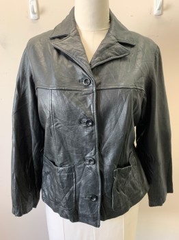 Womens, Leather Jacket, JONES NEW YORK, Black, Leather, Solid, B40, L, 4 Buttons, 2 Patch Pockets, Wrinkled, Scuff Center Back See Detail Photo,