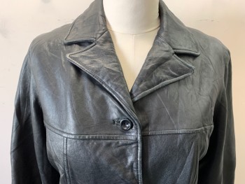Womens, Leather Jacket, JONES NEW YORK, Black, Leather, Solid, B40, L, 4 Buttons, 2 Patch Pockets, Wrinkled, Scuff Center Back See Detail Photo,