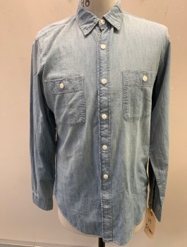 J CREW, Lt Blue, Cotton, Solid, Chambray, L/S, C.A., Button Front, 2 Pockets,