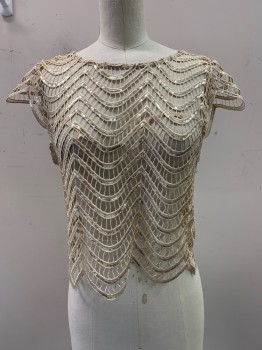 Womens, Top, NO LABEL, Gold, Champagne, Cotton, Polyester, XS, Cap Shoulders, Crew Neck, Netted, Sequins, Back Zipper