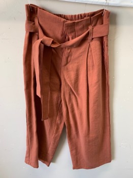Childrens, Pants, ZARA, Rust Orange, Cotton, Solid, 6, Culottes, Zip Front, Ruched Elastic Waistband in Back, Detached Tie Belt, 2 Side Pockets