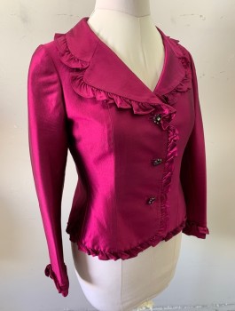 TERI JOHN, Magenta Pink, Rayon, Polyester, Solid, Evening Suit, Shiny Fabric, Single Breasted Blazer, Rounded Notched Lapel, Self Ruffle Edges, 3 Jeweled Metal Buttons (Missing Some Jewels)