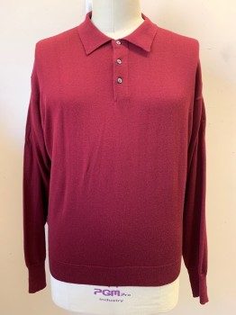 E-LUXE, Red Burgundy, Wool, Collar Attached, Half Button Front, Rib Knit Collar, Waist, & Cuffs, Long Sleeves, Knit