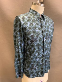 PAUL SMITH, Cornflower Blue, Forest Green, Viscose, Abstract , Floral, Illustrated Daisies, L/S, Button Front, Collar Attached, No Pocket