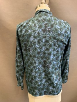 PAUL SMITH, Cornflower Blue, Forest Green, Viscose, Abstract , Floral, Illustrated Daisies, L/S, Button Front, Collar Attached, No Pocket
