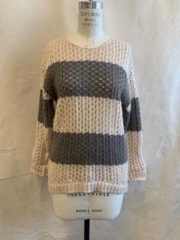GLIMMER, Lt Beige, Gray, Acrylic, Stripes, Round Neck, Long Sleeves