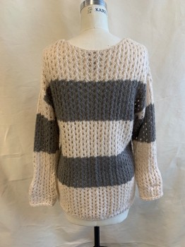 GLIMMER, Lt Beige, Gray, Acrylic, Stripes, Round Neck, Long Sleeves