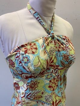 ANN TAYLOR LOFT, Multi-color, Mint Green, Dk Red, Beige, Cotton, Floral, Self Ties Around Neck with Keyhole, 1 Strip of Boning Structure at Each Side, Invisible Zipper at Side
