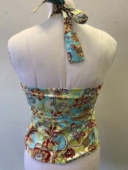 ANN TAYLOR LOFT, Multi-color, Mint Green, Dk Red, Beige, Cotton, Floral, Self Ties Around Neck with Keyhole, 1 Strip of Boning Structure at Each Side, Invisible Zipper at Side