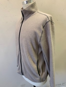ST. JOHN'S BAY, Taupe, Polyester, Fleece, Solid, Zip Front, Long Sleeves, Stand Collar, 2 Side Pockets