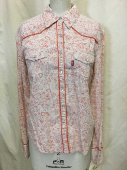 LEVI'S, Ivory White, Orange, Cotton, Floral, Ivory, Orange Floral Print & Piping Trim. Metallic Stitching, Snap Front, Collar Attached, Long Sleeves, 2 Flap Pockets