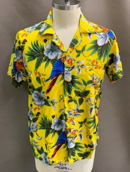 V.H.O., Yellow, Blue, Green, Red, Gray, Synthetic, Hawaiian Print, C.A., Button Front, S/S, 1 Pocket, Side Slits, Mults