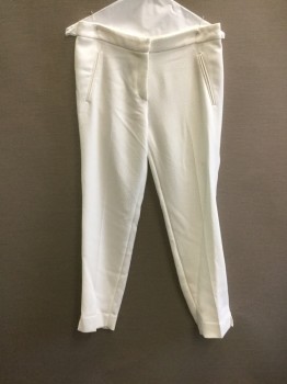 H&M, White, Polyester, Viscose, Solid, Pique, Zip Fly, 4 Faux Satin Trimmed Welt Pockets