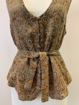 NO LABEL, Rust Orange, Sage Green, Cotton, Polyester, Brocade, Button Front, Scoop Neck, With Waist Tie, Made To Order,