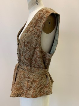 NO LABEL, Rust Orange, Sage Green, Cotton, Polyester, Brocade, Button Front, Scoop Neck, With Waist Tie, Made To Order,