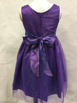 Childrens, Party Dress, MELODY, Purple, Polyester, Solid, 5/6, Purple with Glitter Tulle Overlay, Attached Sash Belt with Brooch Center Front Ties in Back, Sleeveless, Back Zipper, Round Neck,  Fluffy, Party, Cup Cake