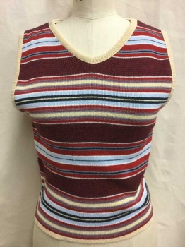 Womens, Vest, BLUE ASPHALT, Assorted Colors, Red, Lt Yellow, Navy Blue, Lt Blue, Cotton, Stripes - Horizontal , M, Knit, V-neck, Pullover, Light Yellow Ribbed Neck & Armholes, Fitted, Late 1990's
