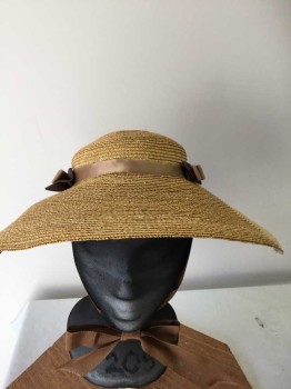 Womens, Straw Hat, MTO, Tan Brown, Lt Brown, Champagne, Pink, Straw, Silk, Solid, Wide Brim Straw Sun Hat, Light Brown Silk Ribbon Hat Band with Lt Brown/Chocolate/Pink Side Ribbons, Brown Wide Grosgrain Strap
