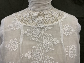 MTO, White, Cotton, Solid, Floral, White Floral Embroiderred Front, Circular Yoke Crochet Lace, Peplum, Pintucked Front, Band Collar Pintucked and Lace Trim and Detail, 3/4 Sleeve with Pintucks and Lace Cuff, Button Back,