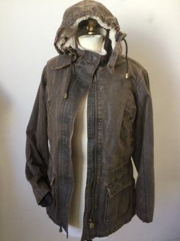 Womens, Coat, Winter, OUTBACK TRADING CO, Brown, Cream, Cotton, Polyester, Solid, B 36, S, Aged/faded Brown with Cream Sheep Lining, and Dark Brown Diamond Quilt Bottom, Detached Hood with Zipper, 3/4 Length, Zip Front, & Hidden Brass Snap Front, 4 Pockets, D-string Waist, 1/2 Circle Patch @ Elbow, Side Split Hem with 2 Brass Button