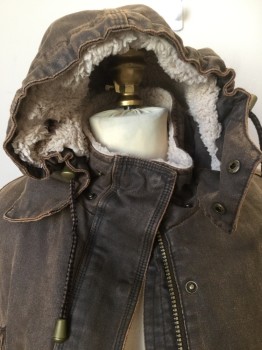 Womens, Coat, Winter, OUTBACK TRADING CO, Brown, Cream, Cotton, Polyester, Solid, B 36, S, Aged/faded Brown with Cream Sheep Lining, and Dark Brown Diamond Quilt Bottom, Detached Hood with Zipper, 3/4 Length, Zip Front, & Hidden Brass Snap Front, 4 Pockets, D-string Waist, 1/2 Circle Patch @ Elbow, Side Split Hem with 2 Brass Button