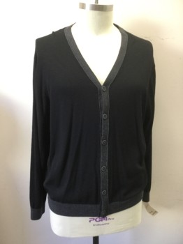 TOMMY BAHAMA, Black, Gray, Wool, Solid, V-neck, Button Front, Gray Trim at Neck Cuffs and Waistband,